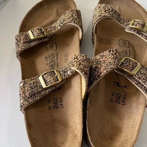 Birki's Birkenstock Women's Sydney Gold Sequin Bead 2-Strap Slides Sandals